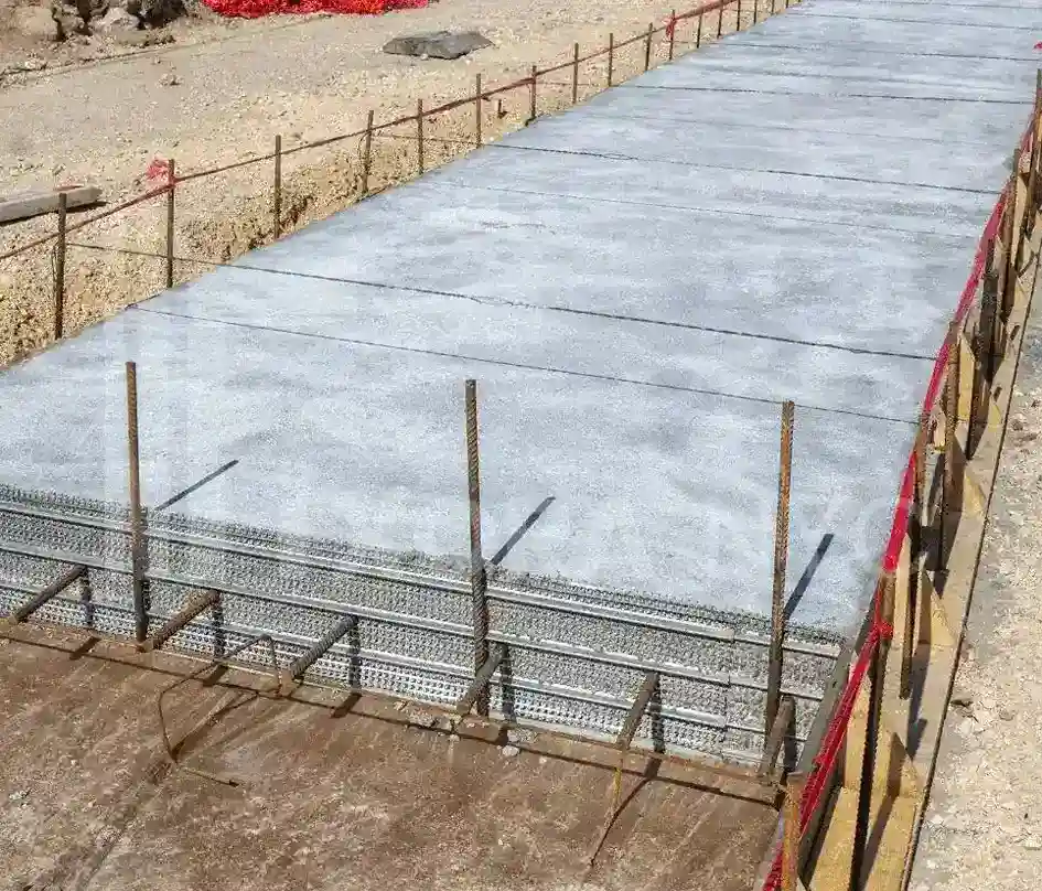 Concrete foundation process in NYC with rebar installation and concrete pouring.