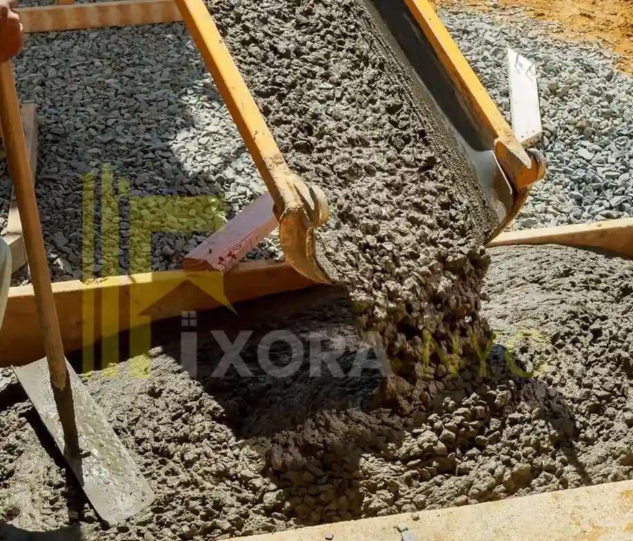 Concrete foundation process in NYC with rebar installation and concrete pouring.