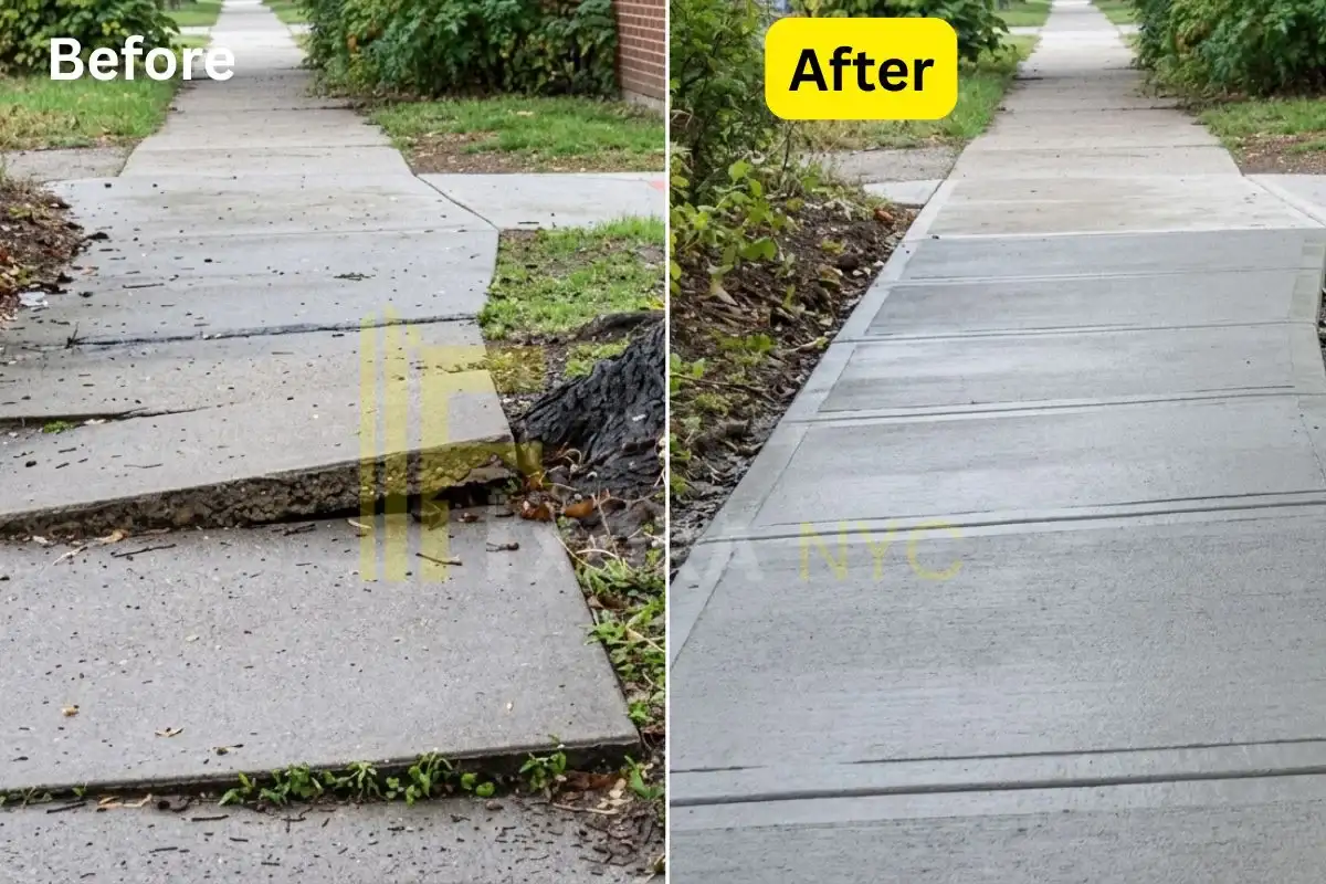 Sidewalk repair before and after in NYC